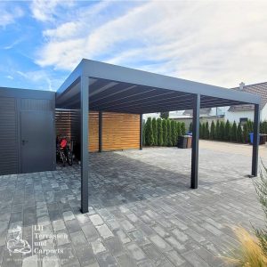 Maßgefertigter Carport in Regensburg, dunkelgraue Aluminiumkonstruktion, perfekter Schutz für Ihr Auto