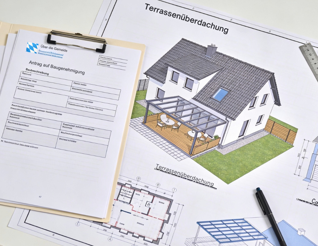 Bauantragsformular, Hausvisualisierung mit überdachter Terrasse sowie Baupläne und Zeichnungen.