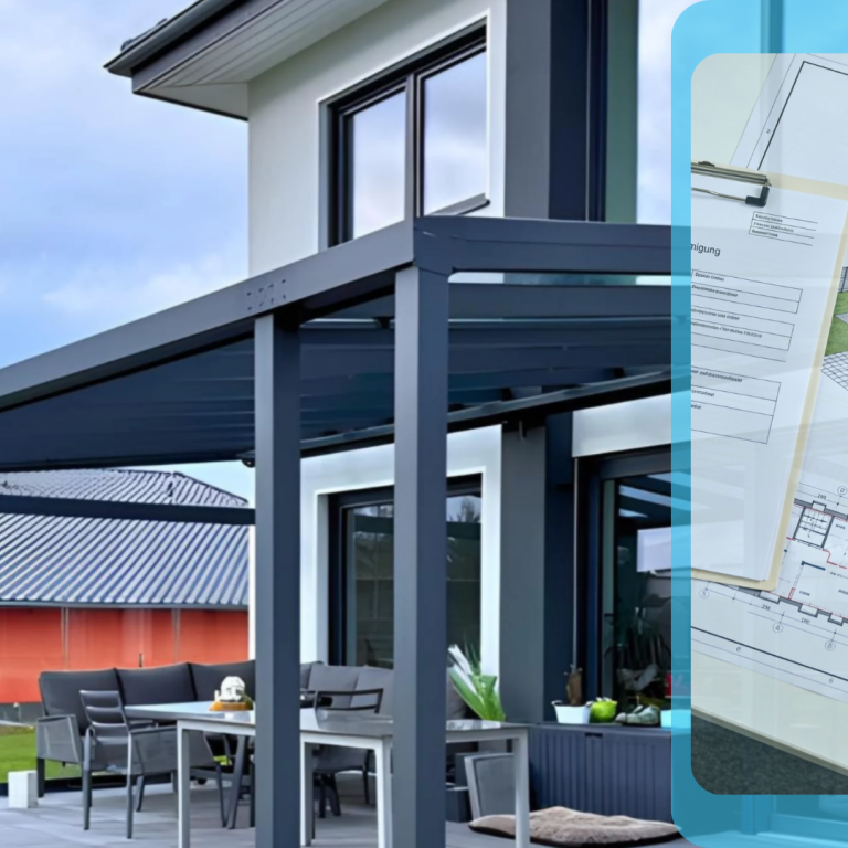 Moderne Terrassenüberdachung aus Metall an einem Wohnhaus mit Sitzbereich, daneben grafische Darstellung von Bauplänen und Genehmigungsunterlagen zur Terrassenüberdachung.