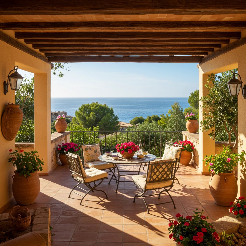 Terrasse im mediterranen Stil mit Meerblick